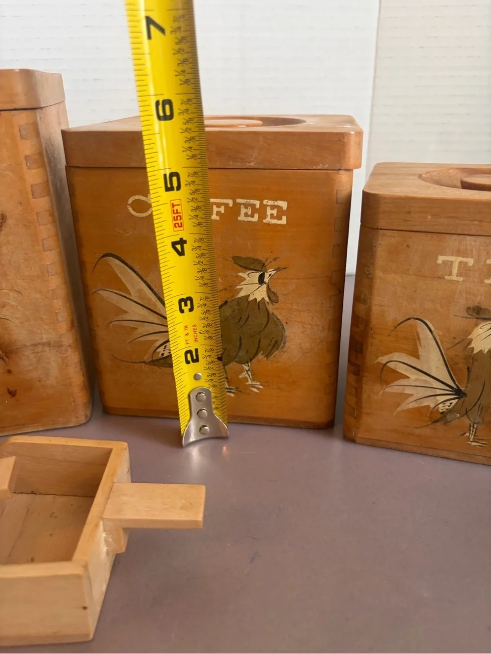 Vintage Wooden Sugar & Coffee Canister Set with Rooster Motif - Brown
